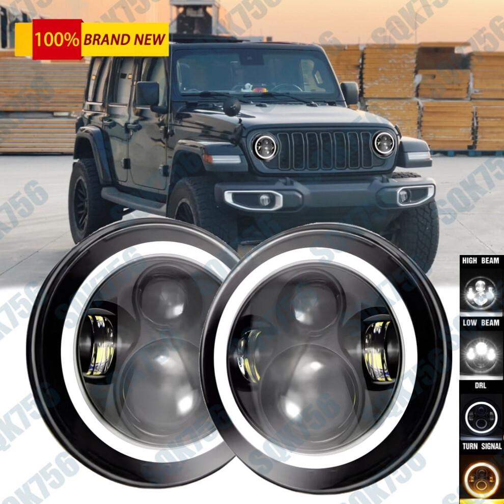 7" Inch Round Led Headlights Halo Drl Beam For Jeep Wrangler Jk Lj Tj Cj 9180435294586