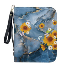 Marbled Butterfly Daisy Sunflower PU Leather Bible Case for Women & Men – Portable, Protective, Detachable Wristlet Strap, XL – Compatible with