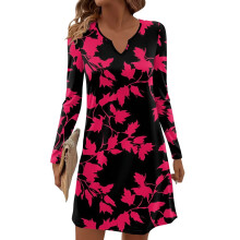 Dam höst vinter långärmad casual v-ringad midiklänning med blommönster, fickfri, fuchsia, storlek S