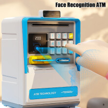 Peuter ATM-speelgoed, roze en blauw, met gezichtsherkenning, wachtwoord en numeriek toetsenbord.