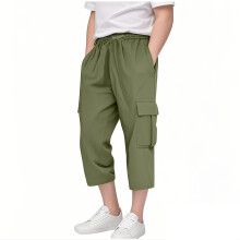 Girls Capri Pants Elastic Waist Straight Leg Drawstring for Kids Summer Pants with Pockets Green 7-8 Years