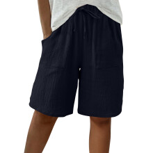Shorts femininos de pernas largas e pregas, cor sólida, cintura alta, estilo casual com bolsos, modelo capri, perfeitos para o verão.
