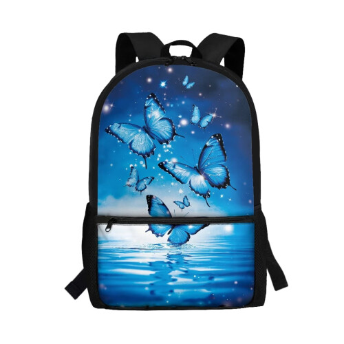 Mochila escolar infantil Blue Butterfly de 17 polegadas para meninas e meninos de 6 a 12 anos, grande capacidade, alças acolchoadas, compatível com