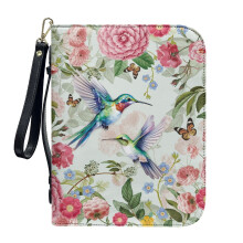 Funda ligera de piel para Biblia con estampado de colibríes, mariposas y peonías – Compatible con Biblias XL, correa de muñeca desmontable