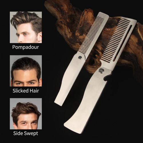 Skægkam i rustfrit stål til mænd, pleje, styling, formning, foldbar hårkam 1