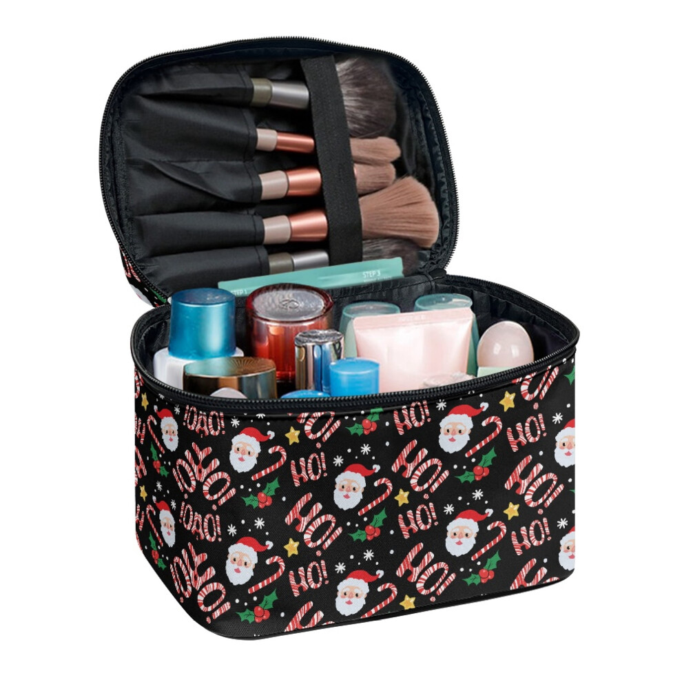 Portable Travel Makeup Bag with Slip-in Pockets Multipurpose Cosmetic Bag with Brush Slots Business Trips, Father Christmas Pattern