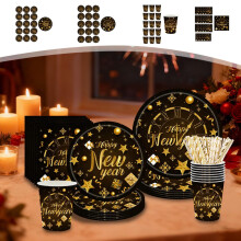 Black & Gold Happy New Year Disposable Tableware Set (7" & 9" plates, cups, tissues) – Elegant winter gathering & NYE theme, compatible with