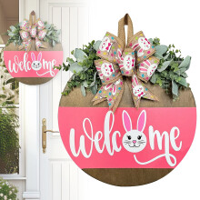Easter Welcome Sign with Bunny Bow, Rustic Wooden Wreath for Front Door, Porch, Window – Farmhouse Spring Decor