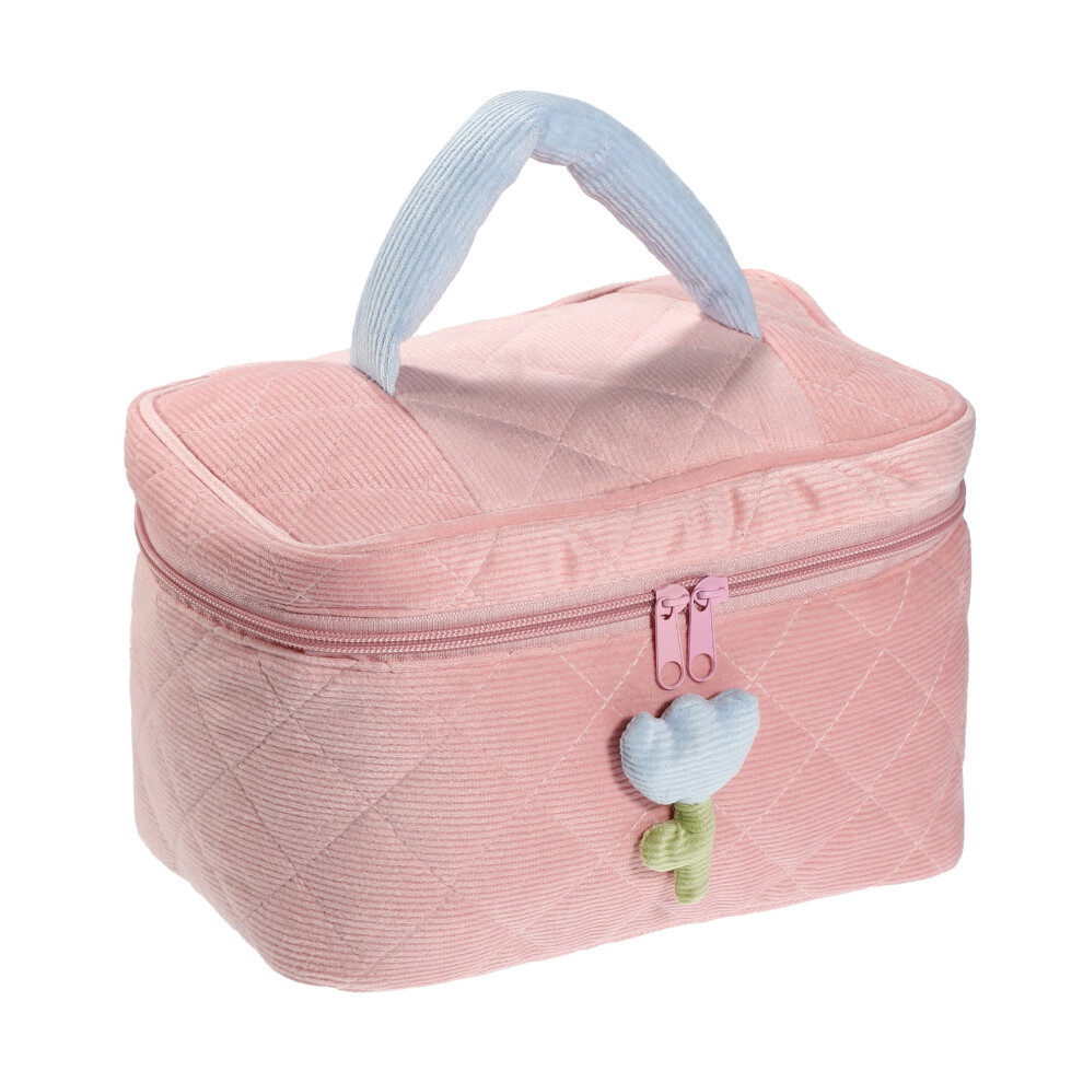 1 Pc Corduroy Makeup Bag Large Cosmetic Bag Aesthetic Cute Tulip Flower Pattern Makeup Bag Pink
