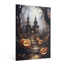 Vintage Halloween Forest Pumpkin & Castle Canvas Wall Art – Retro Gothic Horror Poster, Spooky Ghost Decor for Living Room, Bedroom, Bar –