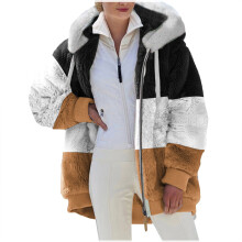 Locker geschnittene Damen-Kapuzenjacke in Übergröße, mehrfarbig, mit Reißverschluss und Einsätzen, langärmlig, lässig-warm, braun, Größe L