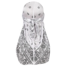 Assorted Paisley Bandana Doo rag Cap Headwraps Men's Women's Silk Durag with Long Tail and Wide Straps for 360 Waves White Free Size