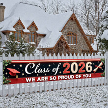 Pancarta de graduación 2026 roja y azul con estrellas doradas – Compatible con fondo para fotos de graduación de secundaria, birretes y