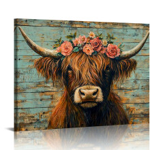 Vintage Rustic Highland Cow Canvas Art – Blue Wooden Plank Background, Farmhouse Wall Decor for Living Room, Bedroom, Office or Kitchen