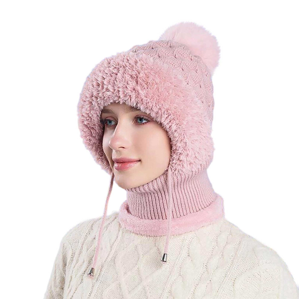 Women's Knitted Winter Hat Set With Scarf And Mask Pink 913211612859