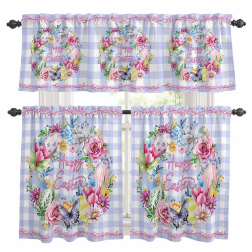 Easter Kitchen Curtains and Valances Set Pink Purple Plaid