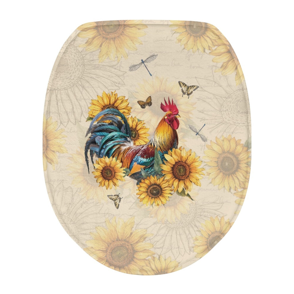 Sunflower Rooster Flannel Toilet Lid Cover Â Full Coverage, Anti-Slip, Decorative Round/Elongated, Compatible With Standard Toilets 9422877976966