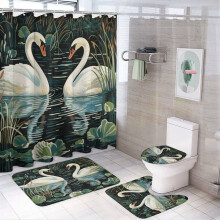 White Swan Shower Curtain Set (4pcs) with Rug, Toilet Lid Cover & Bath Mat – Waterproof Bathroom Decor