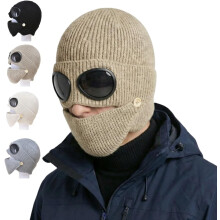 Unisex Winter Ski Beanie Hat with Goggles and Detachable Mask, Warm Wind-Blocking Hat for Snowboarding and Outdoor Sports