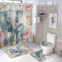 4-Pc Elephant Shower Curtain Set w/ Mat, Toilet Lid Cover & 12 Hooks, 72"x72", Compatible with Standard Bathtubs