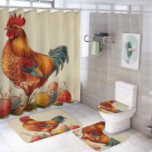 4-Pc Vintage Easter Shower Curtain Set w/ Rug, Toilet Lid Cover & Non-Slip U-Shaped Mat + 12 Hooks (72"x72")