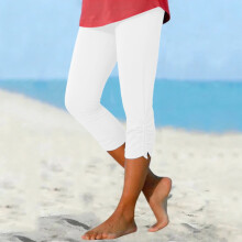 Women's Capri Leggings White Elastic Waist Knee-Length