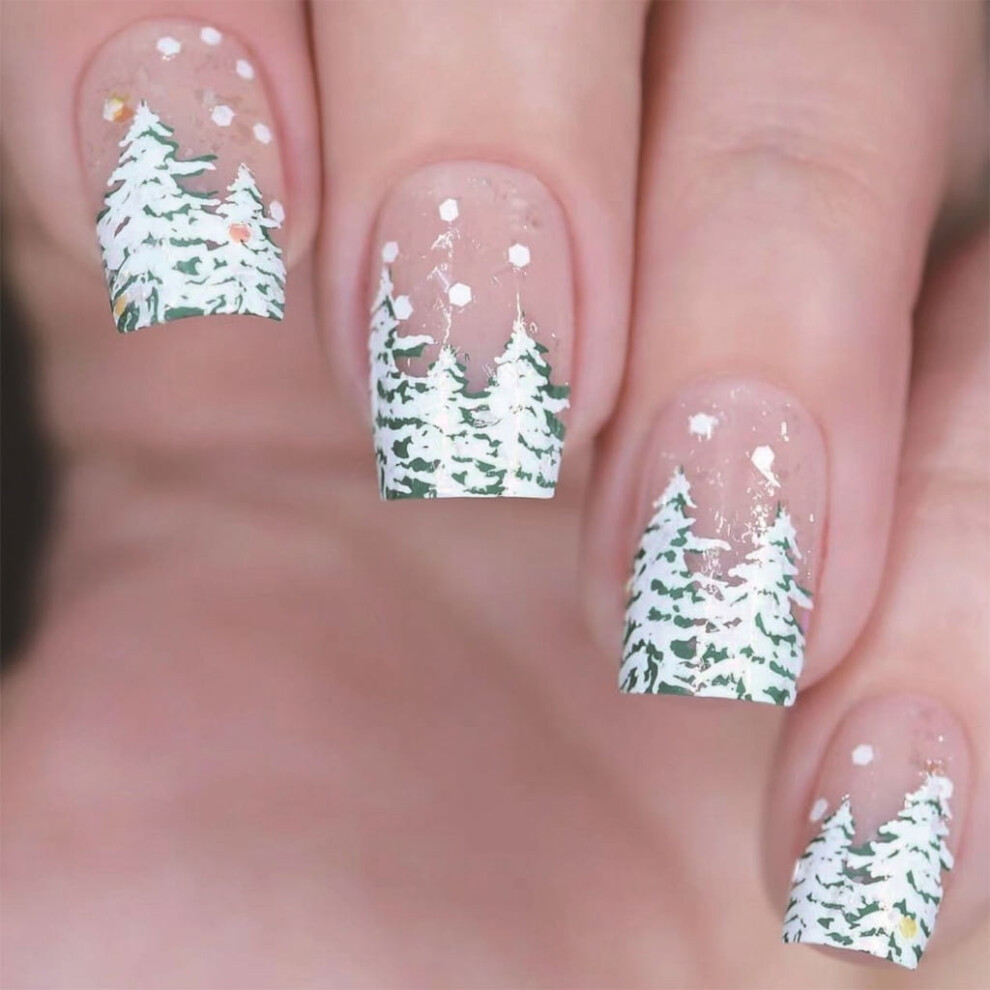 24x Christmas Tree False Nails Short Square Full Covers Stick on Nails French Snowflake Artificial Nails Press On Nails