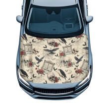 Car Hood Cover – Waterproof, Universal Fit for Sedans/SUVs/Trucks, Raven Skull Print, Compatible with Most Vehicles