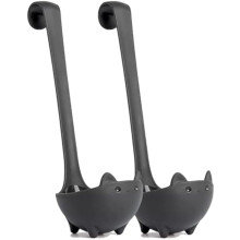 Cat-Shaped Self-Standing Soup Ladle, Heat-Resistant Hot Pot Spoon with Hook, Black (2-Pack)