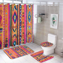 Colorful Mexican Bohemian Shower Curtain Set (4-Piece) with Rugs – U-Shaped Floor Mat, Toilet Lid & Oval Rug – Boho Ethnic, Durable & Waterproof
