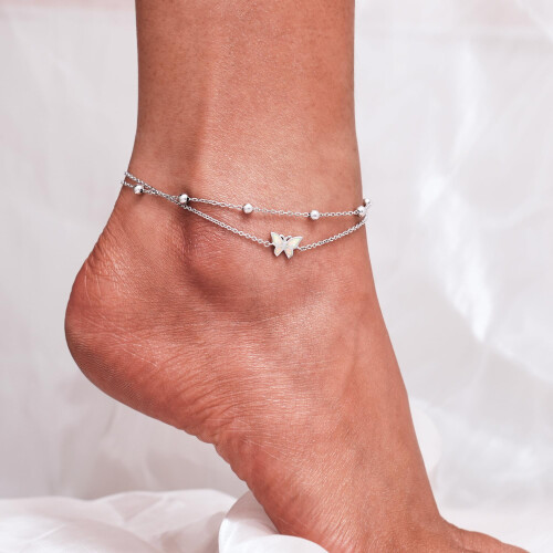 Sterling Silver Opal Butterfly Anklet, 10.7 in Cable Chain 1