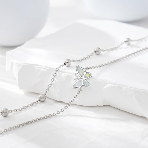 Sterling Silver Opal Butterfly Anklet, 10.7 in Cable Chain 2