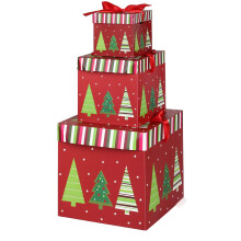 Lot de 3 boîtes cadeaux gigognes de Noël avec couvercle, motif sapin rouge et vert, idéales pour emballer et décorer vos cadeaux de Noël,