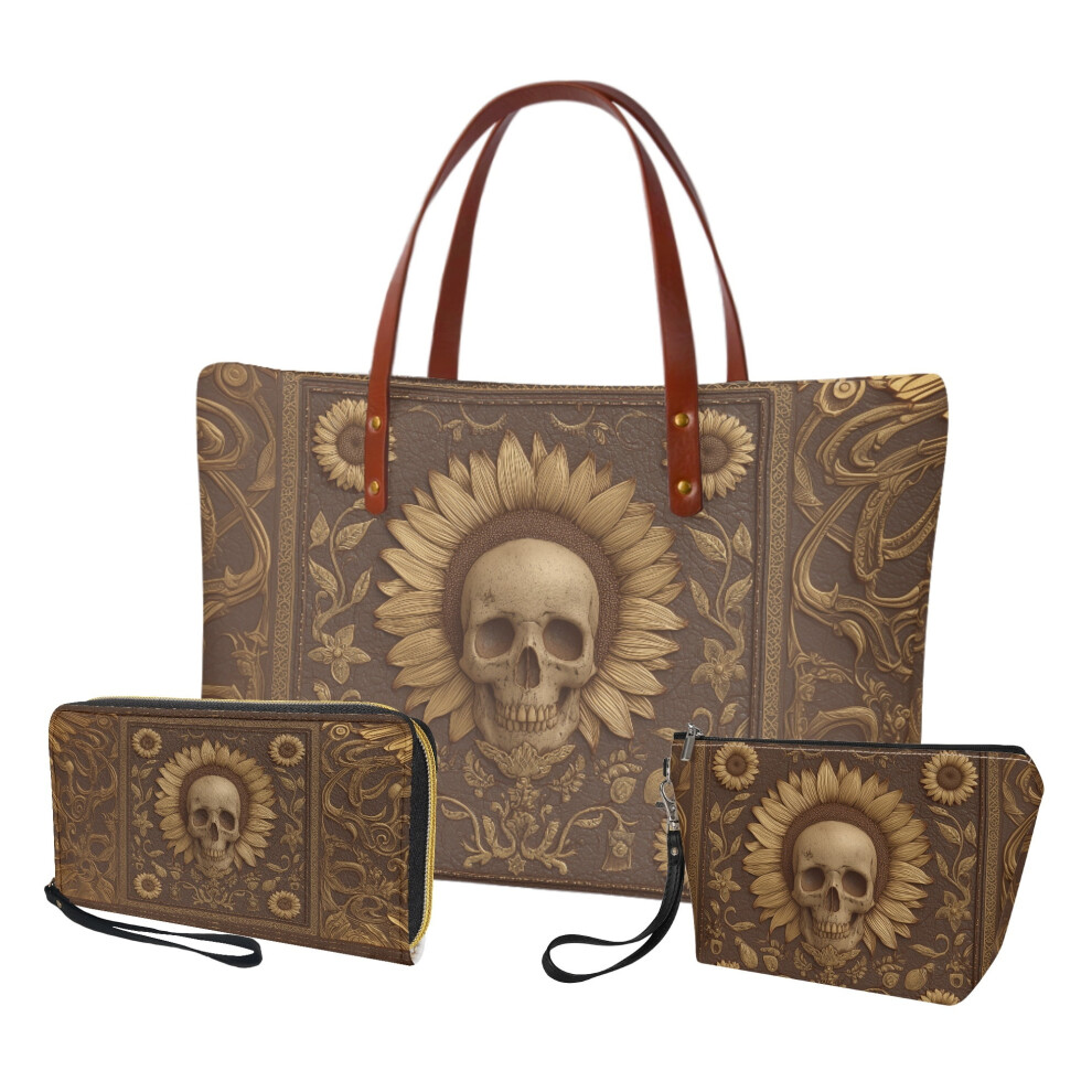 Sunflower Skull PU Leather Handbag & Makeup Set with Wallet, Card Holder â Compatible with Daily/Work Use