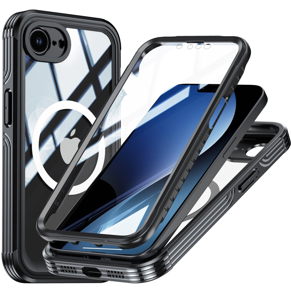 Clear Magnetic Case For Iphone 16E, Built-In Tempered Glass, Magsafe Compatible, Rugged Shockproof, Black 9558633092226