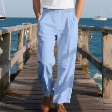 SYMOID Men's Casual Elastic Waist Straight Leg Pants - 100% Polyester Wrinkle Resistant Quick-Dry, Size M, Light Blue