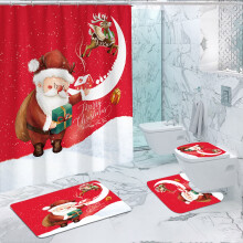 Christmas Shower Curtain Set (5pcs) with Santa Rug, Lid Cover & Bath Mat – Waterproof, Non-Slip, Compatible with Standard Showers