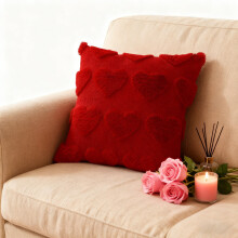 Valentine's Day Heart Faux Wool Pillow Cover, 17.71"x17.71", Soft Red Plush Fabric with Vibrant Heart Design, Romantic Home Decor for Sofa/Bed –