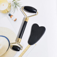 Rose Quartz Face Roller & Gua Sha Set – De-Puff, Sculpt, Glow – Natural Stone Massager for Face/Eyes/Neck, Black (packed in compatible with OPPO