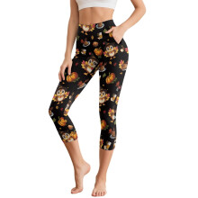 Thanksgiving Leggings for Women Turkey Pumpkin Printed Capri Leggings Athletic Yoga Pants Maple Leaves Printed Yoga Capris with Pockets, XS