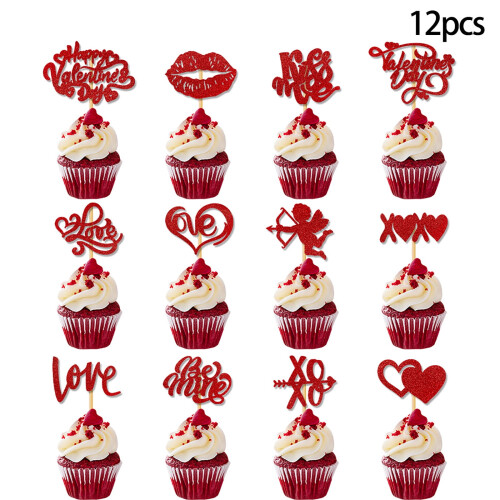 Glitter Red Valentine Cupcake Toppers 24 pcs
