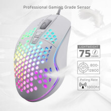 Mouse de gaming cu 2 butoane laterale, carcasă ușoară tip fagure de miere, reglabil 12800 DPI, 7 butoane programabile, suport software, alb