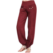Women's Cotton-Linen Wide Leg Pants Elastic High Waist with