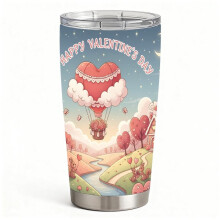 Pink Heart Balloon & Cute Animals Tumbler, Double-Wall Hot Cold Coffee Cup, Romantic Gift for Women