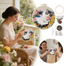 Floral Cat Embroidery Kit Beginner Set with Pattern Hoop