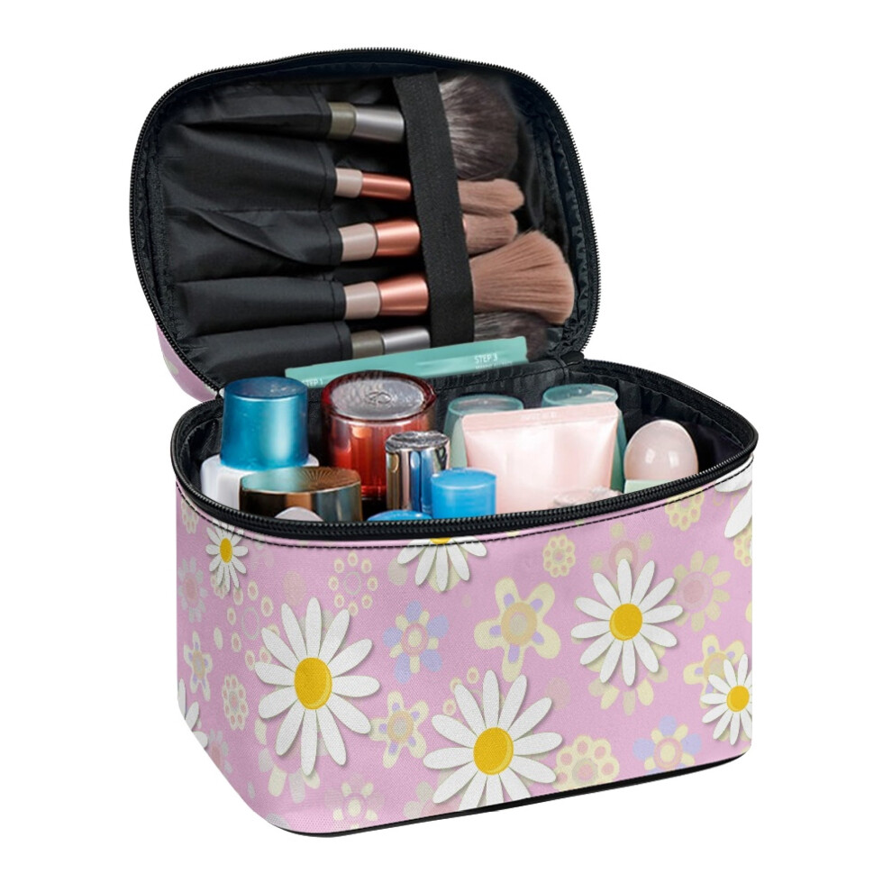 Travel Makeup Bag Pink Daisy Cottagecore Large Makeup Organizer Double Zip Polyester