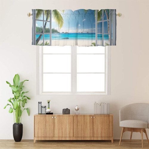 Κουρτίνα τσέπης Ocean Beach Valance Rod, τροπικοί φοίνικες, λευκό ξύλινο παράθυρο με θέα, 1