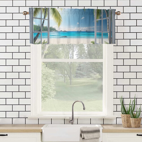 Κουρτίνα τσέπης Ocean Beach Valance Rod, τροπικοί φοίνικες, λευκό ξύλινο παράθυρο με θέα, 2