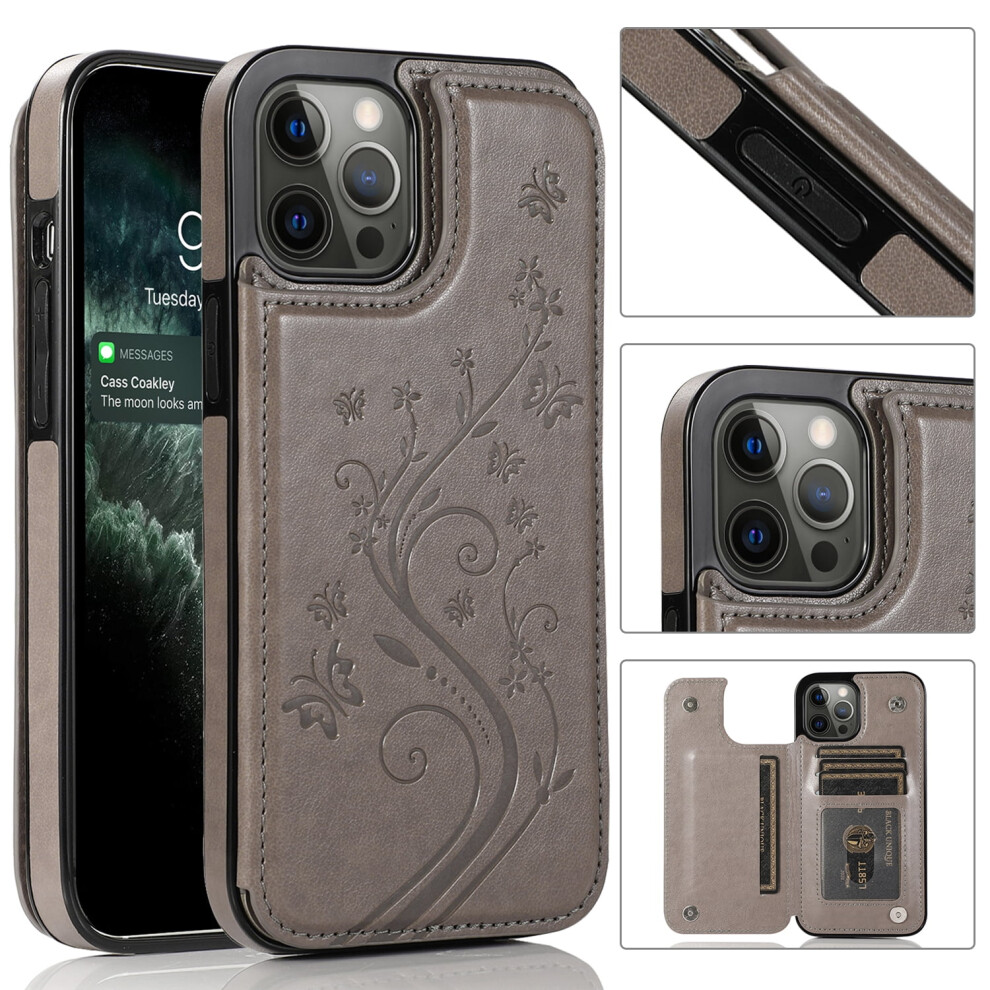 Shockproof Leather Wallet Case For Iphone 14 Pro (6.1") Â Rubber Hybrid, Card Holder, Kickstand, Compatible With Iphone 14 Pro Gray 9152228581494