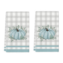 Blue Eucalyptus Leaves Hello Pumpkin Fall Kitchen Towels Dish Towels, 23.6" x 15.8" Farmhouse Give Thanks Decoration Hand Towels